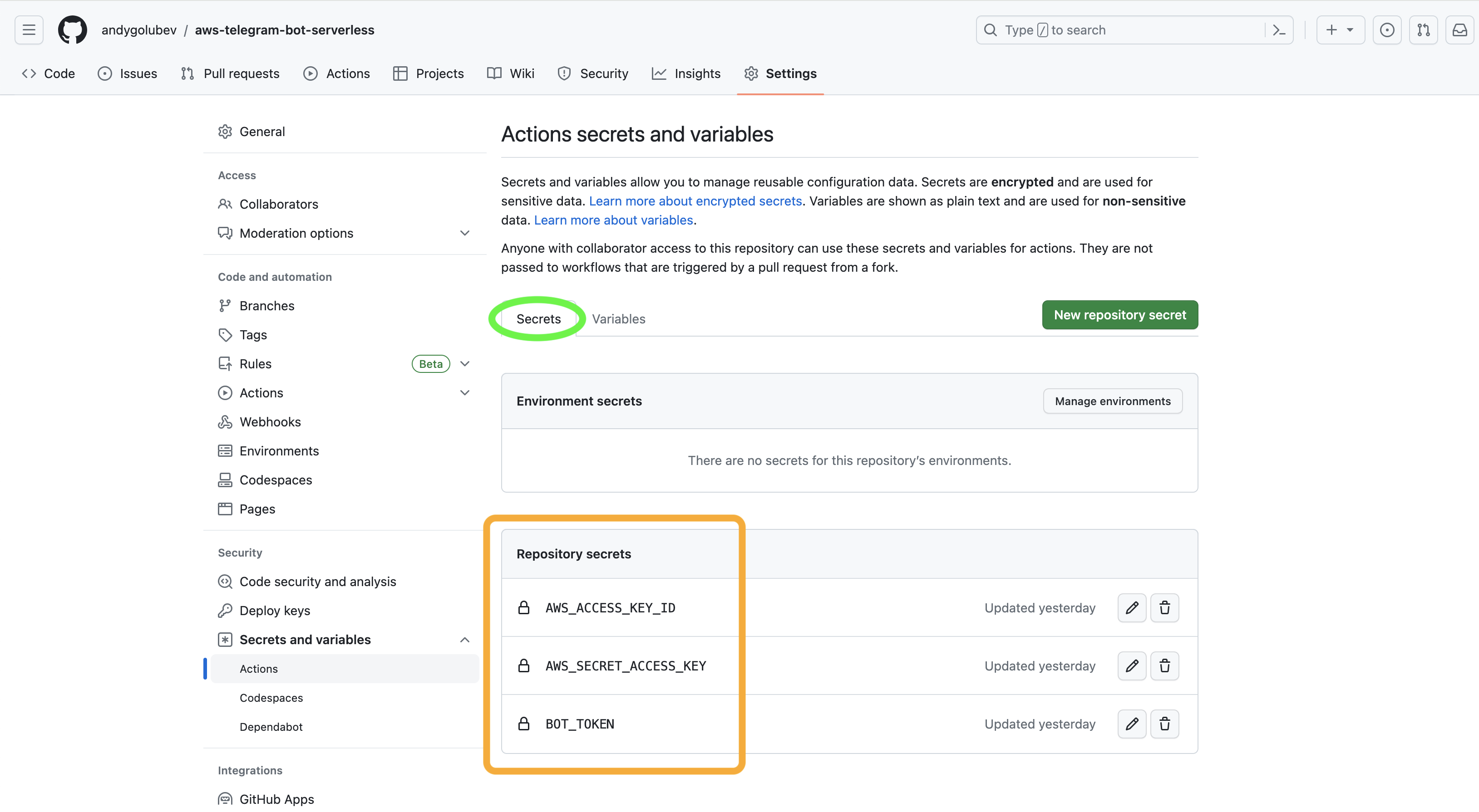 GitHub secrets