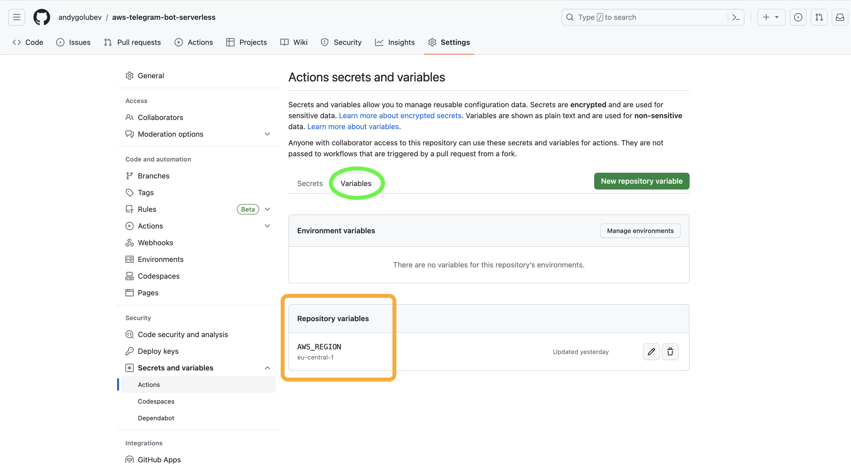 GitHub variables